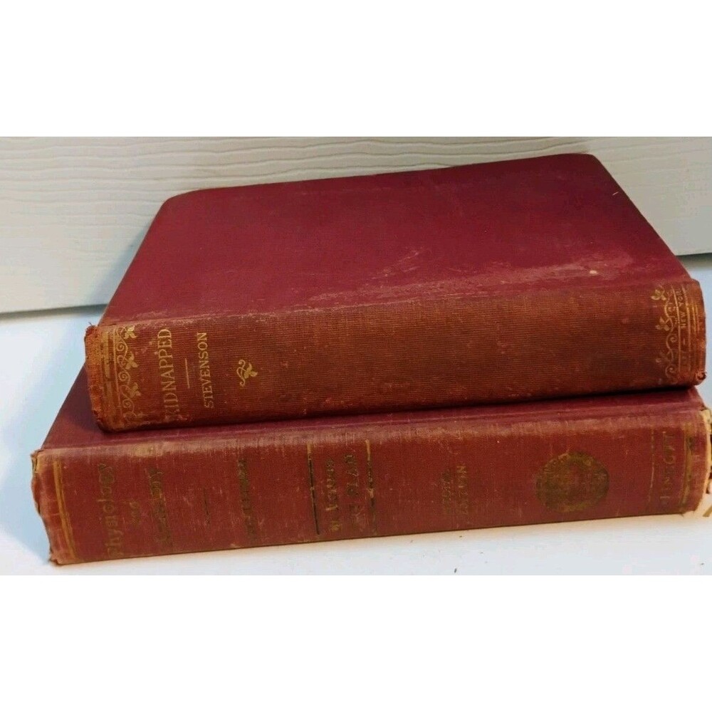Vtg Red Hardcover Antique Book 2pc 1880s Physiology Kidnapped Stevenson as-is